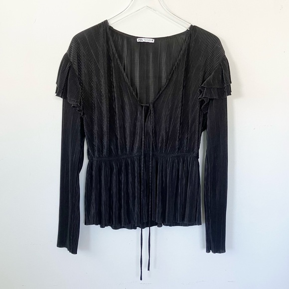 Zara Large Pleated Ruffled Blouse Black V Neck Tie Long Sleeve Top Romantic - Picture 8 of 11